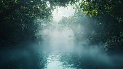 Mystical Foggy River Scene Tranquil Lush Green Forest Sunlight Rays Peaceful Serene Nature Background Digital Art Illustration mist calm mood view    