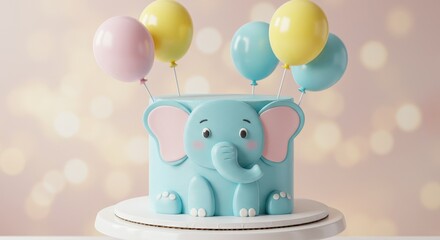 Adorable Blue Elephant Birthday Cake - Delightful baby shower or first birthday cake, featuring a charming blue elephant design, pastel balloons, and a celebratory feel. Symbolizes joy, innocence