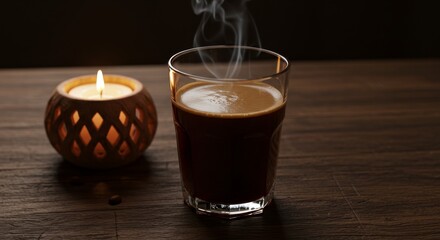 Warm Coffee and Candlelight - A steaming cup of coffee sits beside a lit candle on a dark wooden table, creating a cozy and relaxing atmosphere