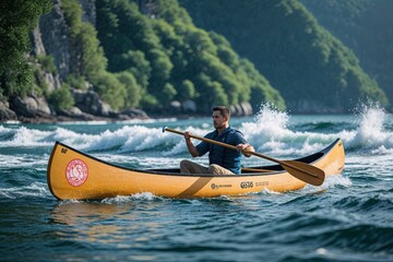 Fototapeta premium Canoe Navigating Unpredictable Waves of Global Economic Struggle