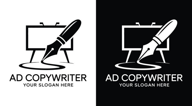 Striking black logo combining a billboard and pen ideal for copywriters ad agencies and media professionals focused on persuasive branding and communication
