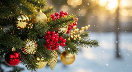 Winter Wonderland Christmas Tree Branch - Close-up of a decorated Christmas tree branch with red berries, gold ornaments, and falling snow. Festive winter scene