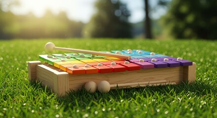 Wooden Xylophone on Green Grass - Colorful rainbow xylophone outdoors, symbolizing childhood, music, nature, joy, and learning