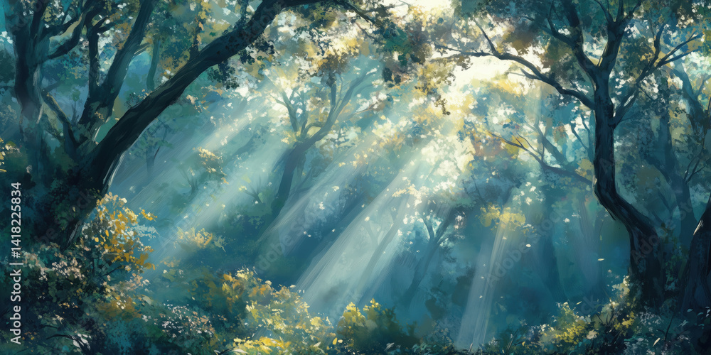 Aufkleber sunlight streaming through lush forest canopy, illuminating vibrant greenery and creating ethereal a