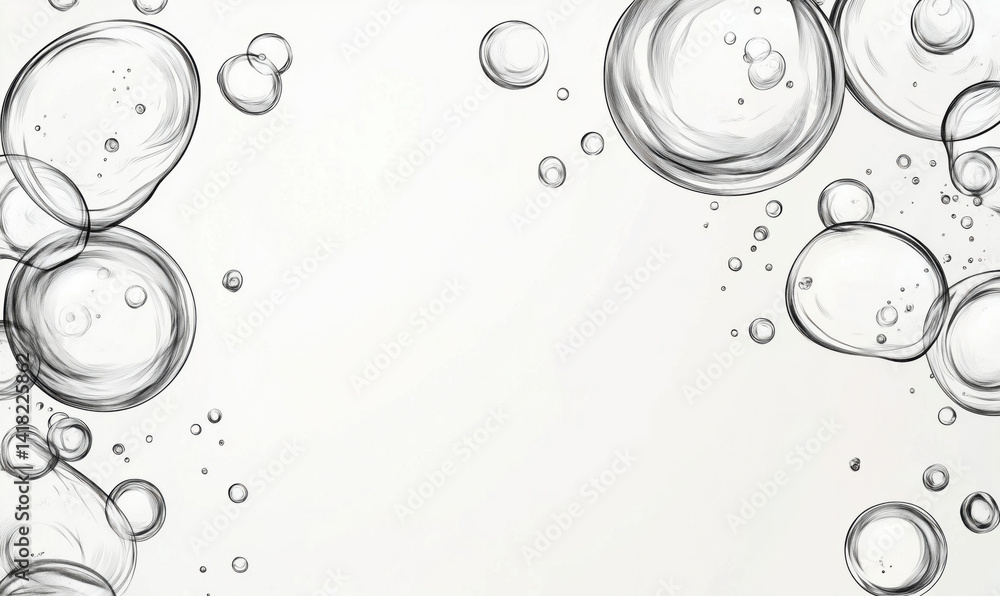Poster transparent bubbles floating on white background, creating a sense of lightness and airiness, ideal 