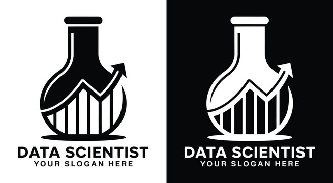 Scientific flask and chart logo for data scientists and analysts representing research breakthroughs and data-driven discoveries