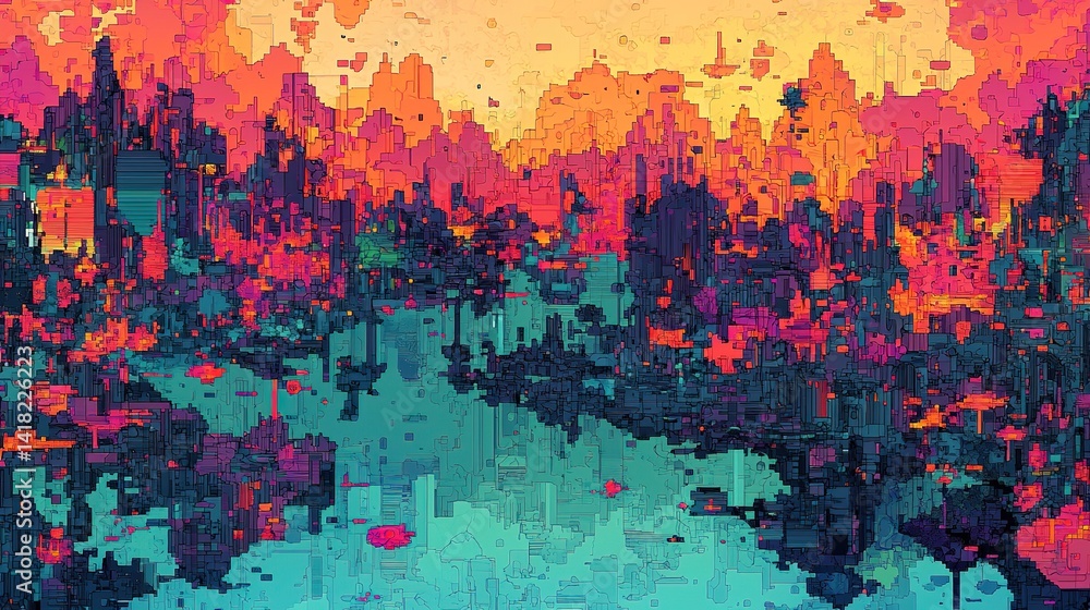 Poster digital ai-generated environment with glitch particles in a vibrant landscape abstract art style sur