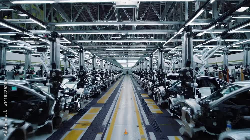 Aufkleber silent automated assembly line of cars in modern factory setting