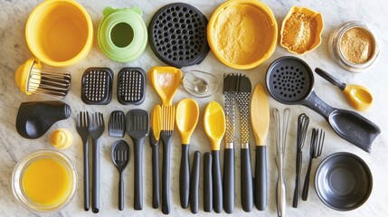 Overhead Shot of Various Yellow and Black Kitchen Utensils on Marble Surface