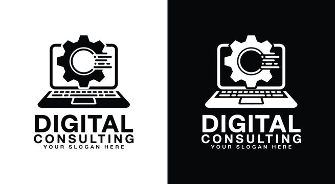Bold black logo featuring a laptop and gear icon ideal for digital transformation consultants tech strategy firms and innovation-focused service providers