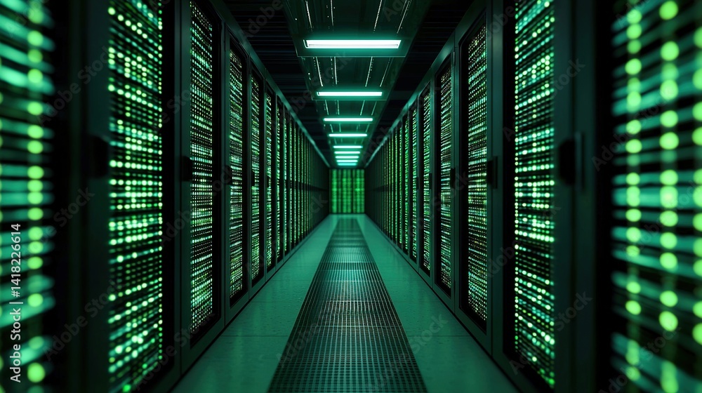 Poster data technology infrastructure server room digital environment high-tech setting futuristic viewpoin
