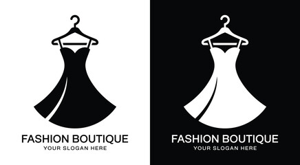 Chic hanger and dress logo for fashion boutiques and clothing stores representing curated style and on-trend wardrobe selections