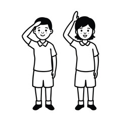 Cartoon Boy And Girl Line Art Illustration Students Giving A Salute Hand Gesture Vector Art