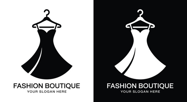 Chic hanger and dress logo for fashion boutiques and clothing stores representing curated style and on-trend wardrobe selections