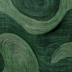 A close-up abstract textile artwork featuring fluid, overlapping green and olive-toned waves, textured with fine lines and fabric weaves.