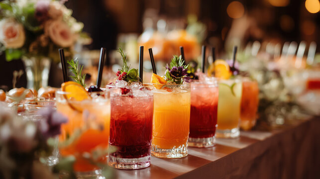 A vibrant lineup of colorful cocktails with garnishes and straws on a decorated buffet table