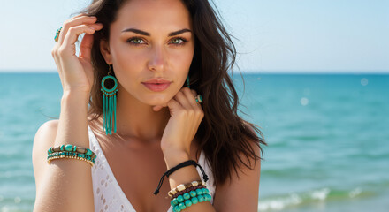 A smiling young woman in a white dress stands by the sea, touching her hair as she looks at the camera, young woman on the beach