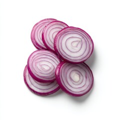 Obraz premium Sliced red onion rings stacked neatly isolated on white background