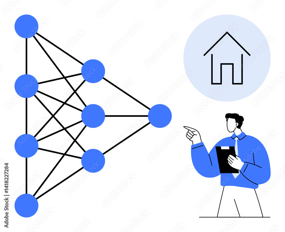 Poster neural network diagram connected to housing icon while a professional points at the concept. ideal f