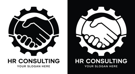 Professional handshake and gear logo for HR consultants representing strategic partnerships and operational efficiency in talent management