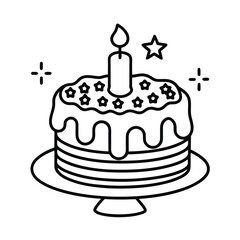 Minimalist Birthday Cake Outline Illustration With Candle And Stars For Celebration And Anniversary Designs