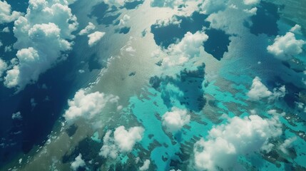 Aerial view turquoise lagoon with fluffy clouds