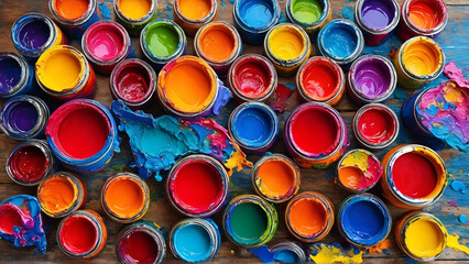 Colorful all color paints in plastic caps and bottles show the art of recycling plastic containers and caps, Generative AI