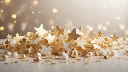 A festive arrangement featuring sparkling gold stars of various sizes scattered on a soft, white background that resembles snow