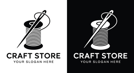 Creative needle and spool logo for craft stores and sewing enthusiasts representing handmade quality and artistic supplies