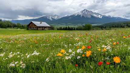 Fototapeta premium Colorful Meadow With Cabin And Mountains