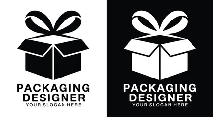 Bold black logo with a box and bow element ideal for packaging designers gift wrap businesses and product branding professionals focused on premium presentation