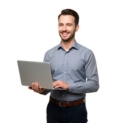 Businessman Holding Laptop and Smiling, PNG format