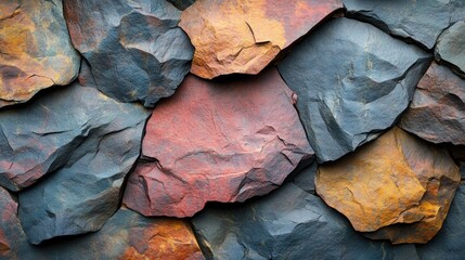 Close-up view of a textured stone wall with varied colors.