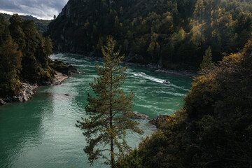 Majestic river flowing through a lush forest landscape with a small speedboat cutting across the water. Surrounded by towering cliffs and trees, creating a serene escape.