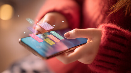 Close-up of hands holding smartphone displaying colorful message notifications, worn red sweater sleeve visible, suggesting mobile communication and digital interaction