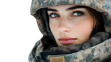 Closeup portrait of a young woman in camouflage winter gear