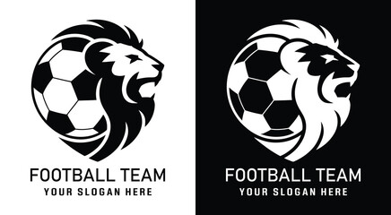 Fierce lion emblem logo for soccer clubs representing team pride and championship-winning performance on the pitch