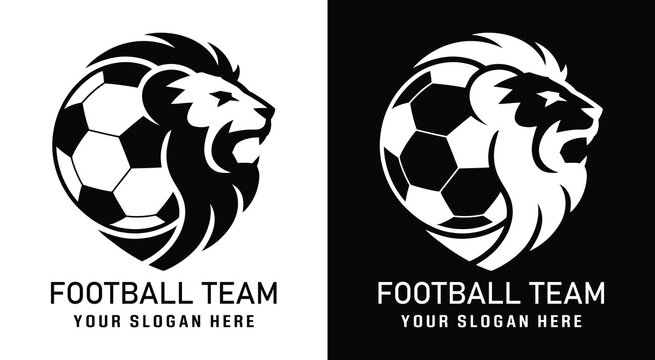 Fierce lion emblem logo for soccer clubs representing team pride and championship-winning performance on the pitch