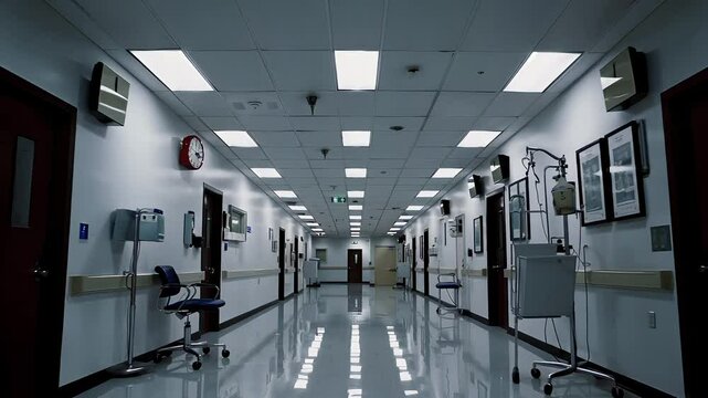 Eerie Hospital Corridor with Empty Chairs and Flourescent Lighting