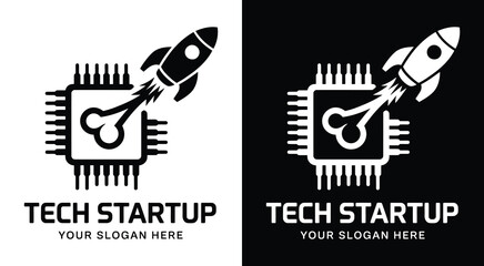 Modern tech logo merging chip and rocket symbols perfect for startups innovation firms and tech companies sleek bold design for cutting edge branding
