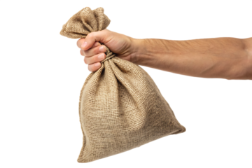 Hand holding a burlap sack isolated on white background delivering something