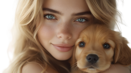 Closeup portrait of a young woman and puppy blonde hair blue eyes adorable pet animal love