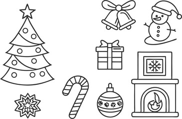 Christmas Holiday Elements Coloring Page Set.
Festive Christmas Elements for Coloring Books.
Black and White Christmas Icons for Coloring.
Holiday Season Coloring Elements for Kids and Adults.