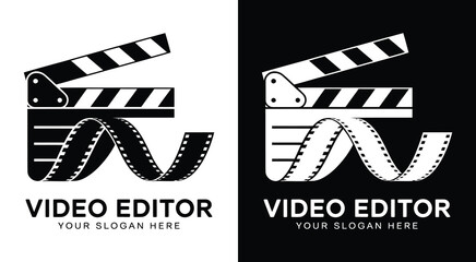 Professional clapper and film reel logo designed for video editors filmmakers and production studios perfect for cinematic branding and media projects