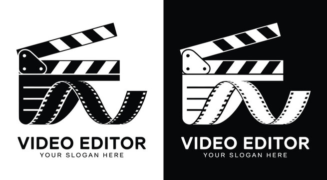 Professional clapper and film reel logo designed for video editors filmmakers and production studios perfect for cinematic branding and media projects