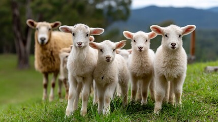 Obraz premium A group of fluffy lambs standing together on green grass with an adult sheep in background