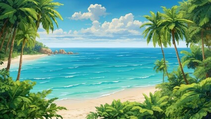 Fototapeta premium Aerial view of a tropical beach with soft golden sand meeting a clear turquoise sea.