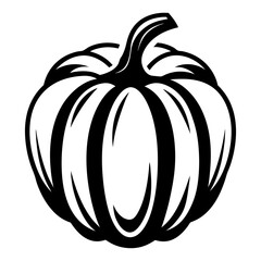 Black and white graphic illustration of a plump pumpkin on white backdrop