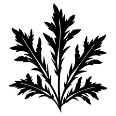 Stylized black botanical leaf illustration with intricate details and sharp edges