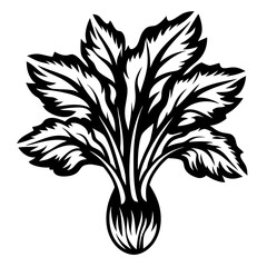Stylized monochromatic vector drawing of turnip plant with detailed leaves